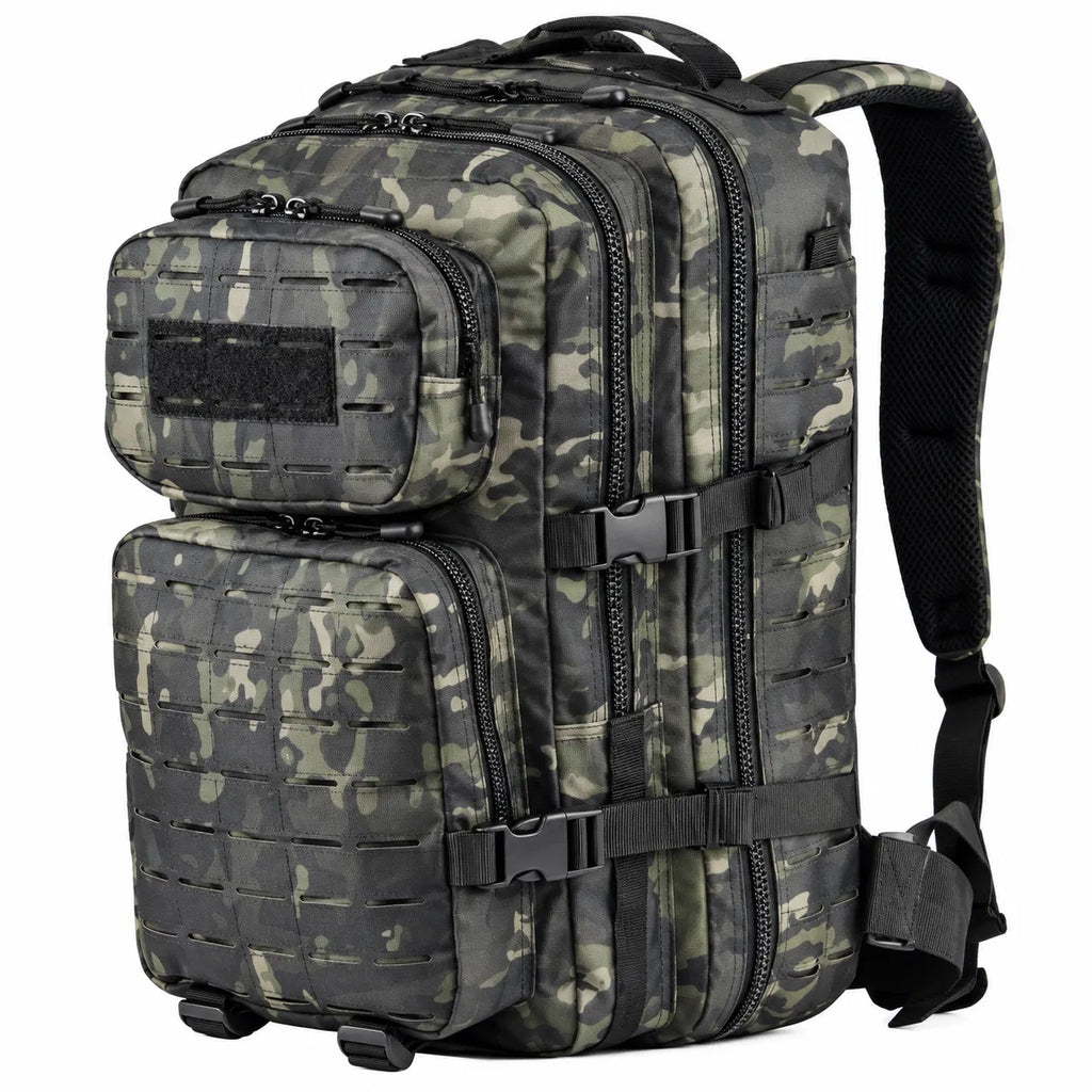 40L Tactical Backpack, Laser Cut MOLLE Assault Pack, Black Camo Rucksack for Hiking Hunting Camping Trekking, 11"x11"x18"