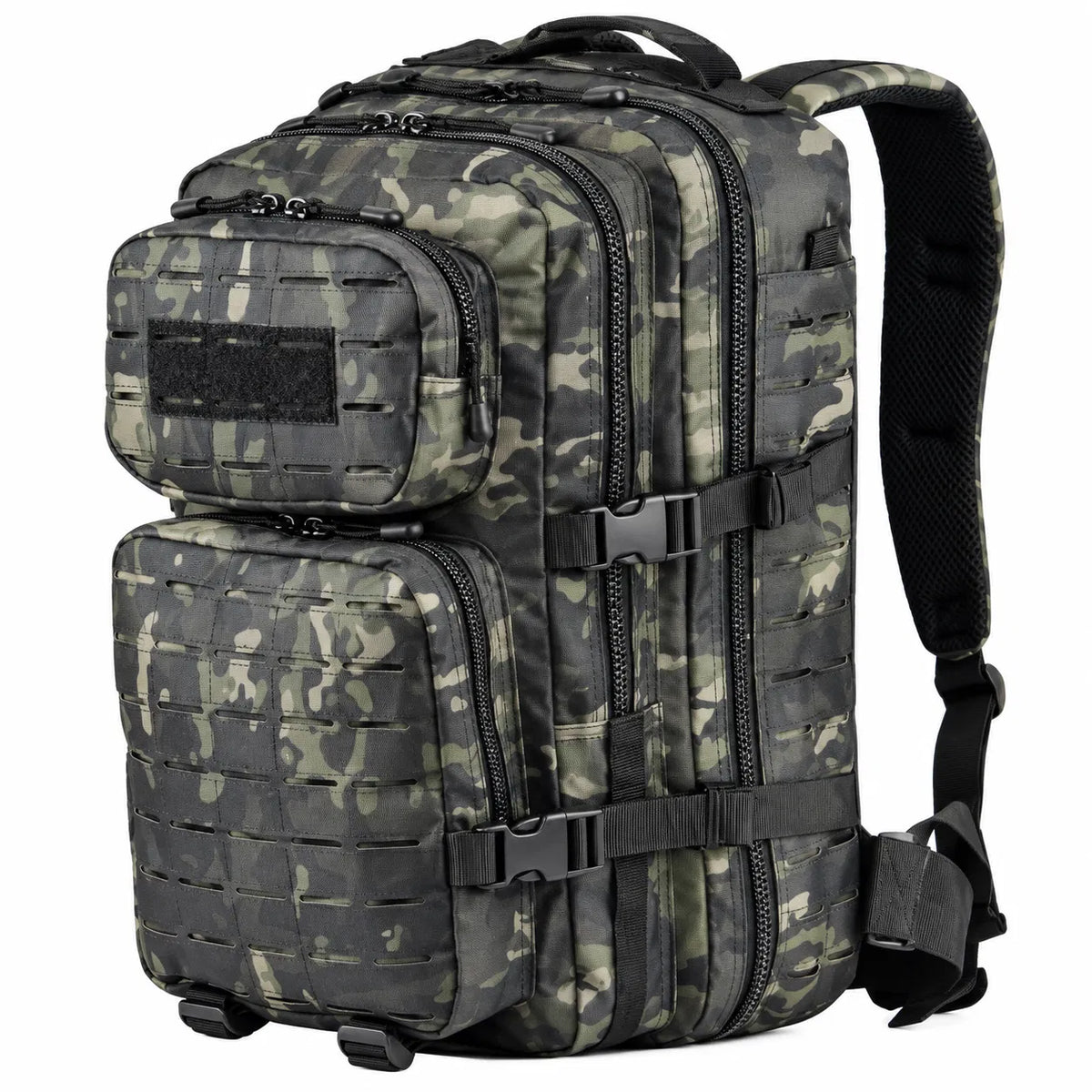 40L Tactical Backpack, Laser Cut MOLLE Assault Pack, Black Camo Rucksack for Hiking Hunting Camping Trekking, 11"x11"x18"