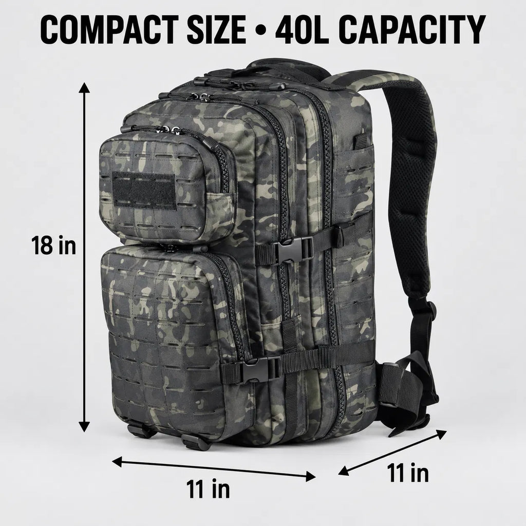 40L Tactical Backpack, Laser Cut MOLLE Assault Pack, Black Camo Rucksack for Hiking Hunting Camping Trekking, 11"x11"x18"