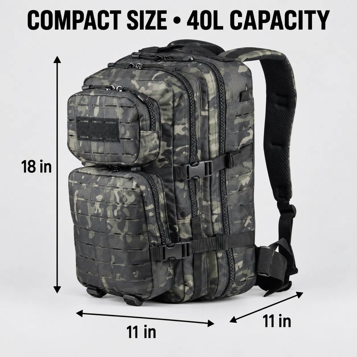 40L Tactical Backpack, Laser Cut MOLLE Assault Pack, Black Camo Rucksack for Hiking Hunting Camping Trekking, 11"x11"x18"