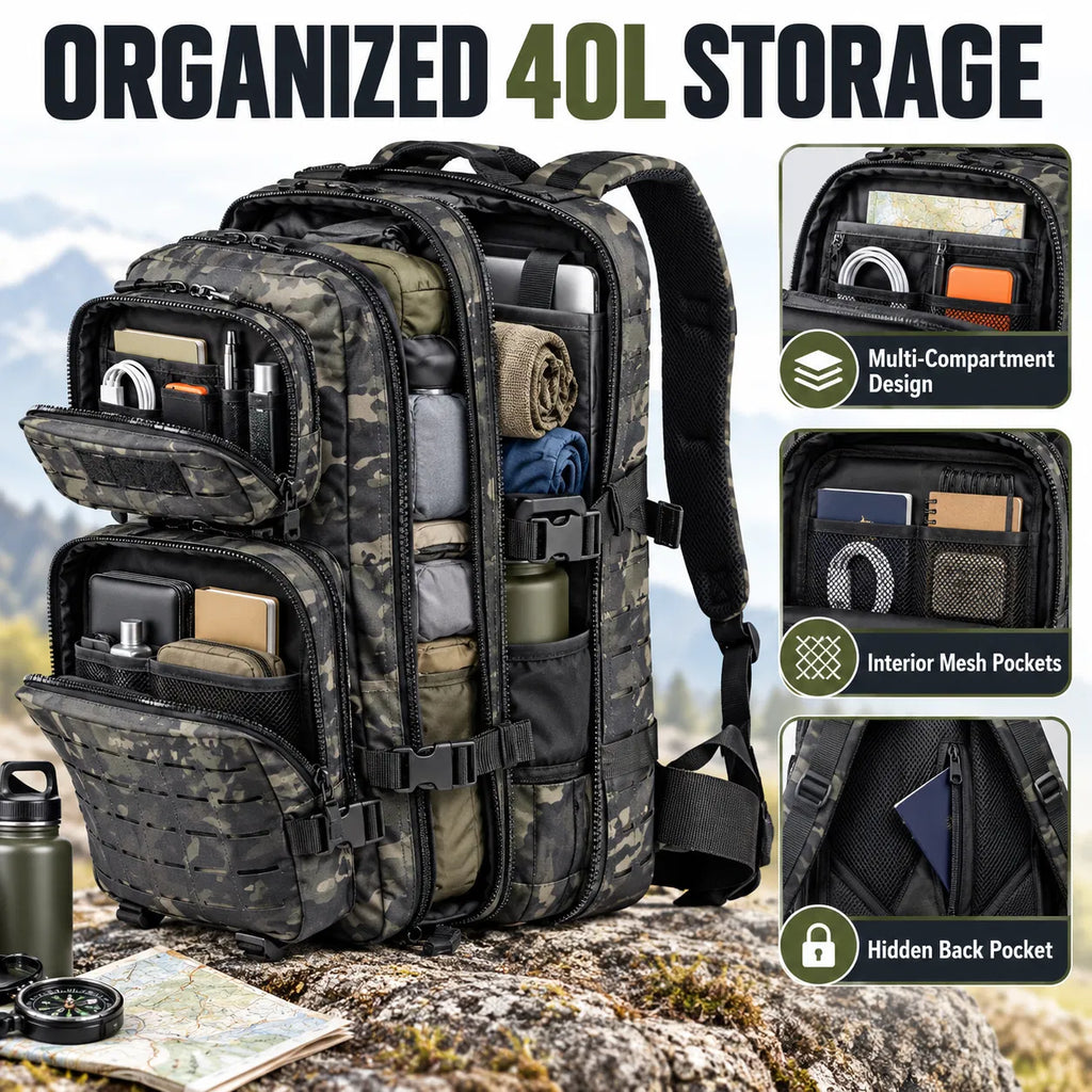 40L Tactical Backpack, Laser Cut MOLLE Assault Pack, Black Camo Rucksack for Hiking Hunting Camping Trekking, 11"x11"x18"
