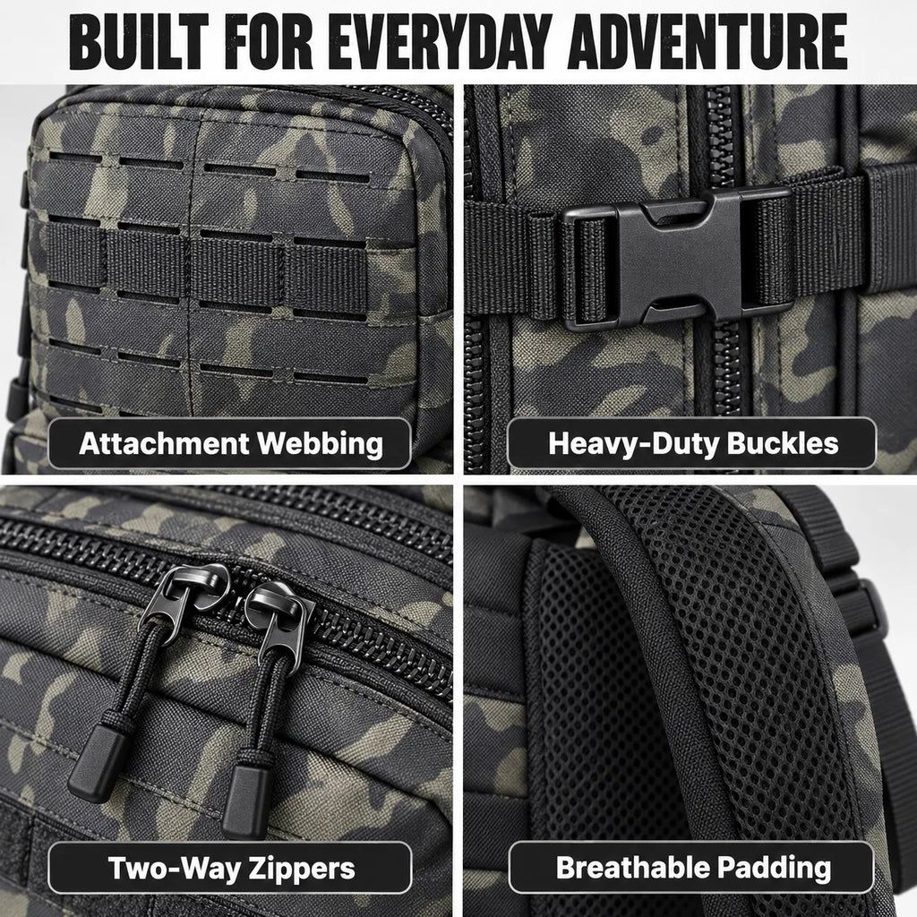40L Tactical Backpack, Laser Cut MOLLE Assault Pack, Black Camo Rucksack for Hiking Hunting Camping Trekking, 11"x11"x18"