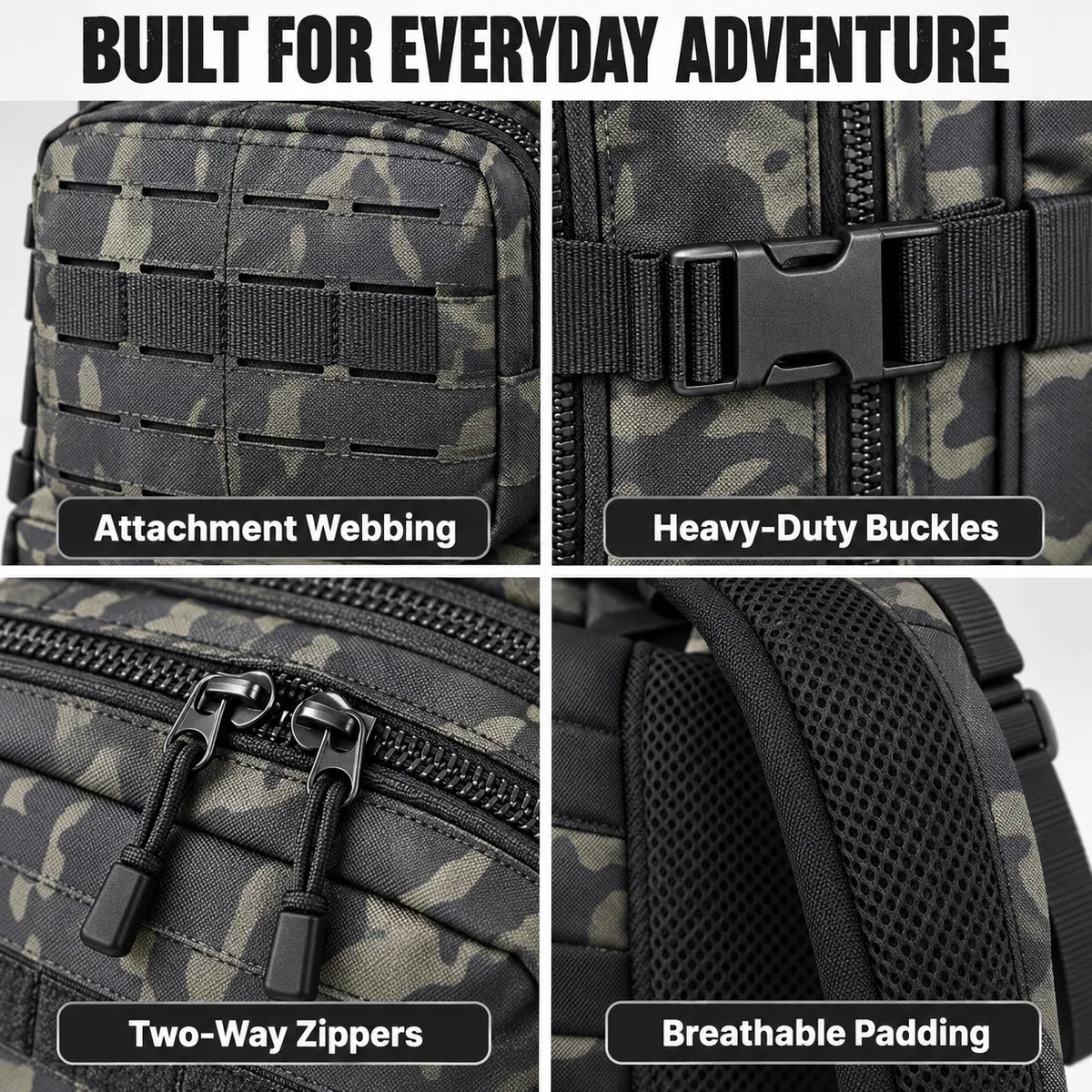 40L Tactical Backpack, Laser Cut MOLLE Assault Pack, Black Camo Rucksack for Hiking Hunting Camping Trekking, 11"x11"x18"