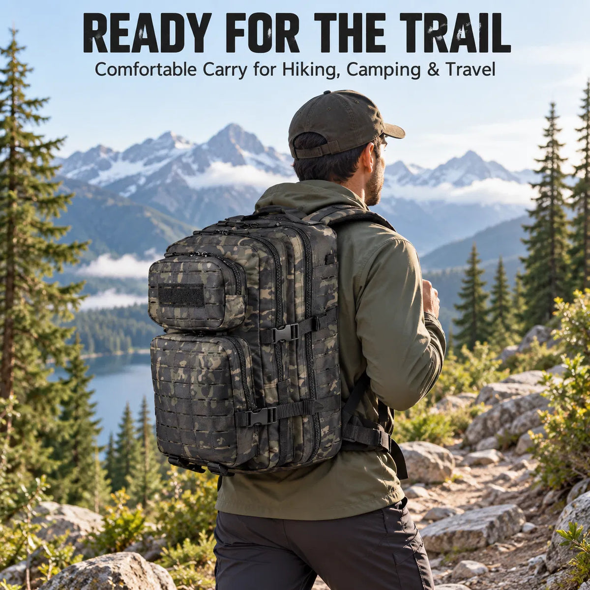 40L Tactical Backpack, Laser Cut MOLLE Assault Pack, Black Camo Rucksack for Hiking Hunting Camping Trekking, 11"x11"x18"