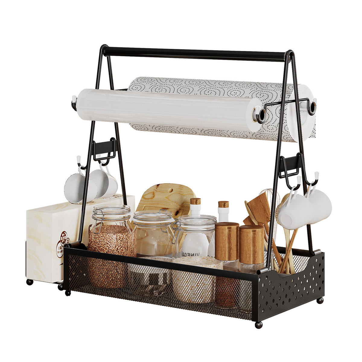 AEELLEEA Grill Utensil Caddy, Metal BBQ Tool Organizer with Paper Towel Holder, Outdoor Camping Grill Accessories Storage