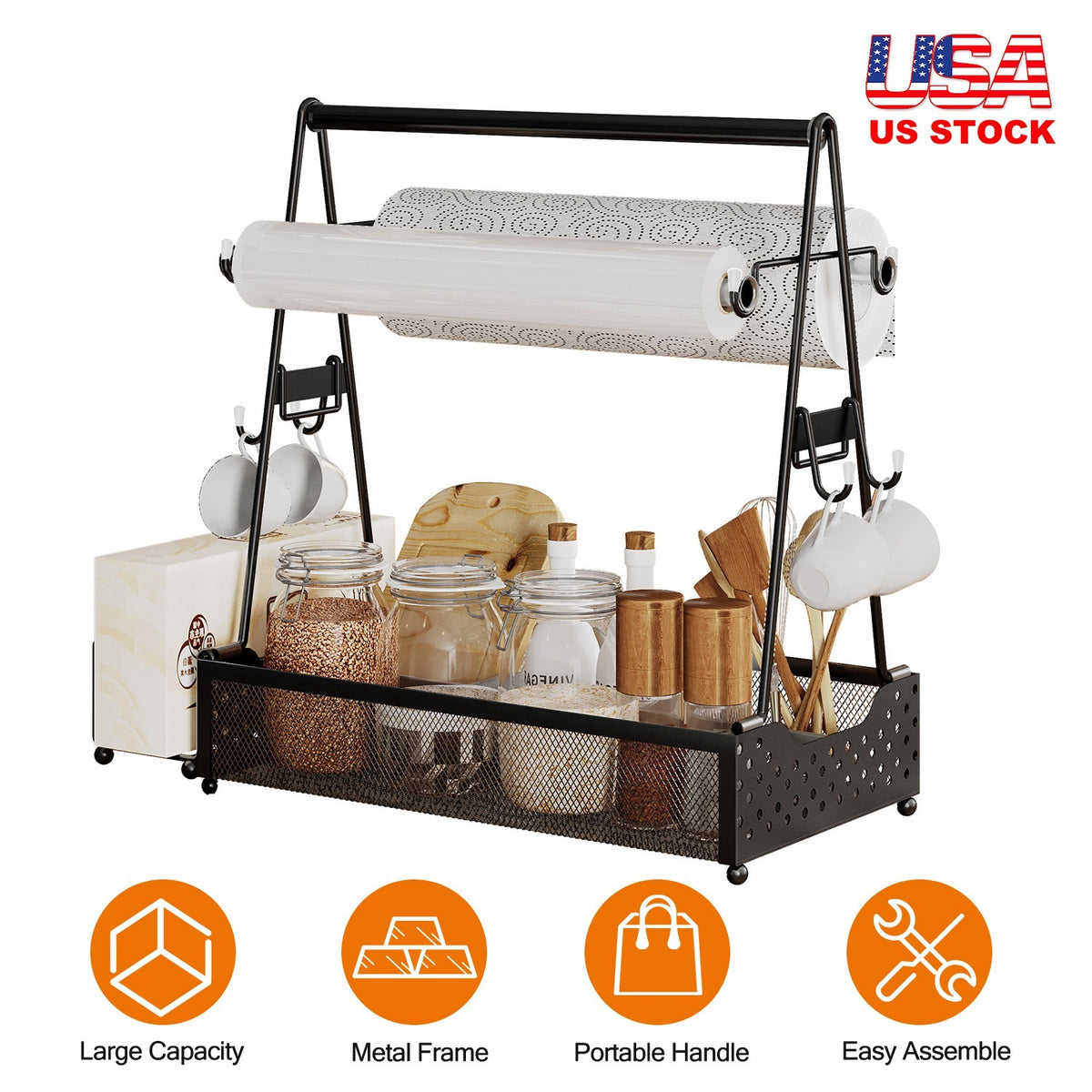AEELLEEA Grill Utensil Caddy, Metal BBQ Tool Organizer with Paper Towel Holder, Outdoor Camping Grill Accessories Storage
