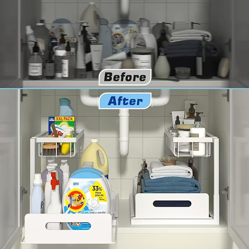 AEELLEEA 2-Pack White Under Sink Organizer, 2-Tier Pull Out Cabinet Storage Rack, Sliding Drawer Kitchen Bathroom Organizer
