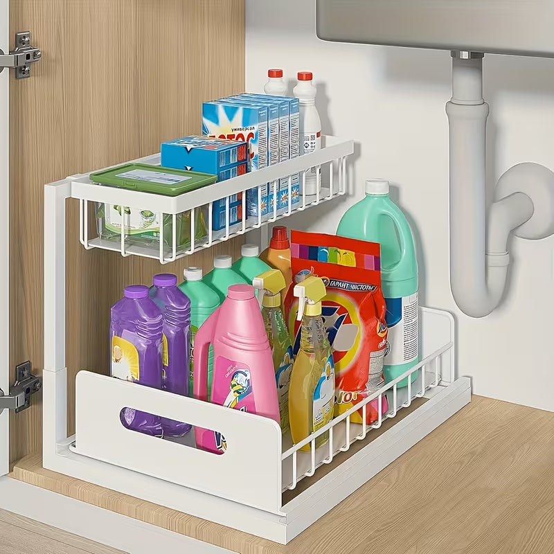 AEELLEEA 2-Pack White Under Sink Organizer, 2-Tier Pull Out Cabinet Storage Rack, Sliding Drawer Kitchen Bathroom Organizer