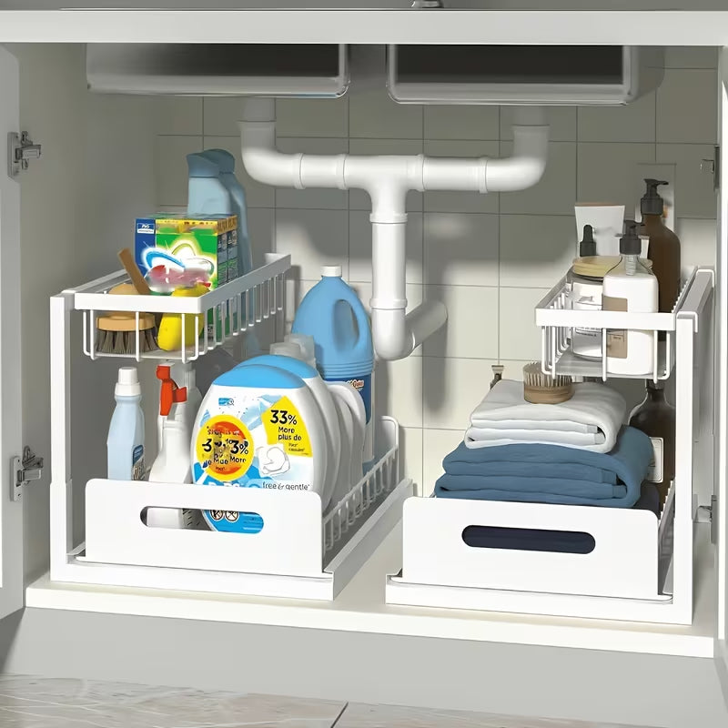 AEELLEEA 2-Pack White Under Sink Organizer, 2-Tier Pull Out Cabinet Storage Rack, Sliding Drawer Kitchen Bathroom Organizer
