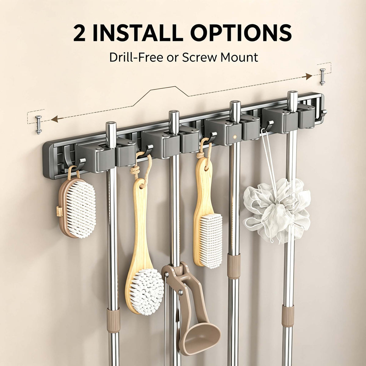 AEELLEEA Wall Mounted Mop and Broom Holder, Gunmetal Gray 4-Slot Cleaning Tool Organizer with 4 Hooks, Drill-Free Wall Mount