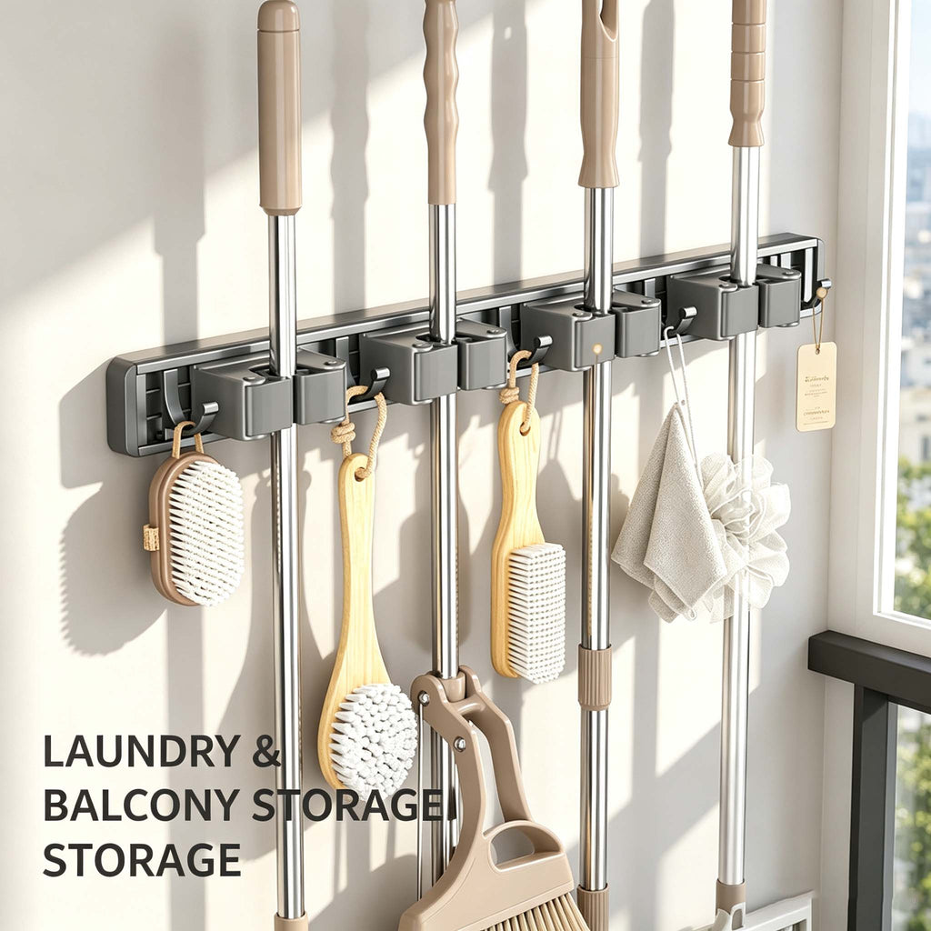 AEELLEEA Wall Mounted Mop and Broom Holder, Gunmetal Gray 4-Slot Cleaning Tool Organizer with 4 Hooks, Drill-Free Wall Mount