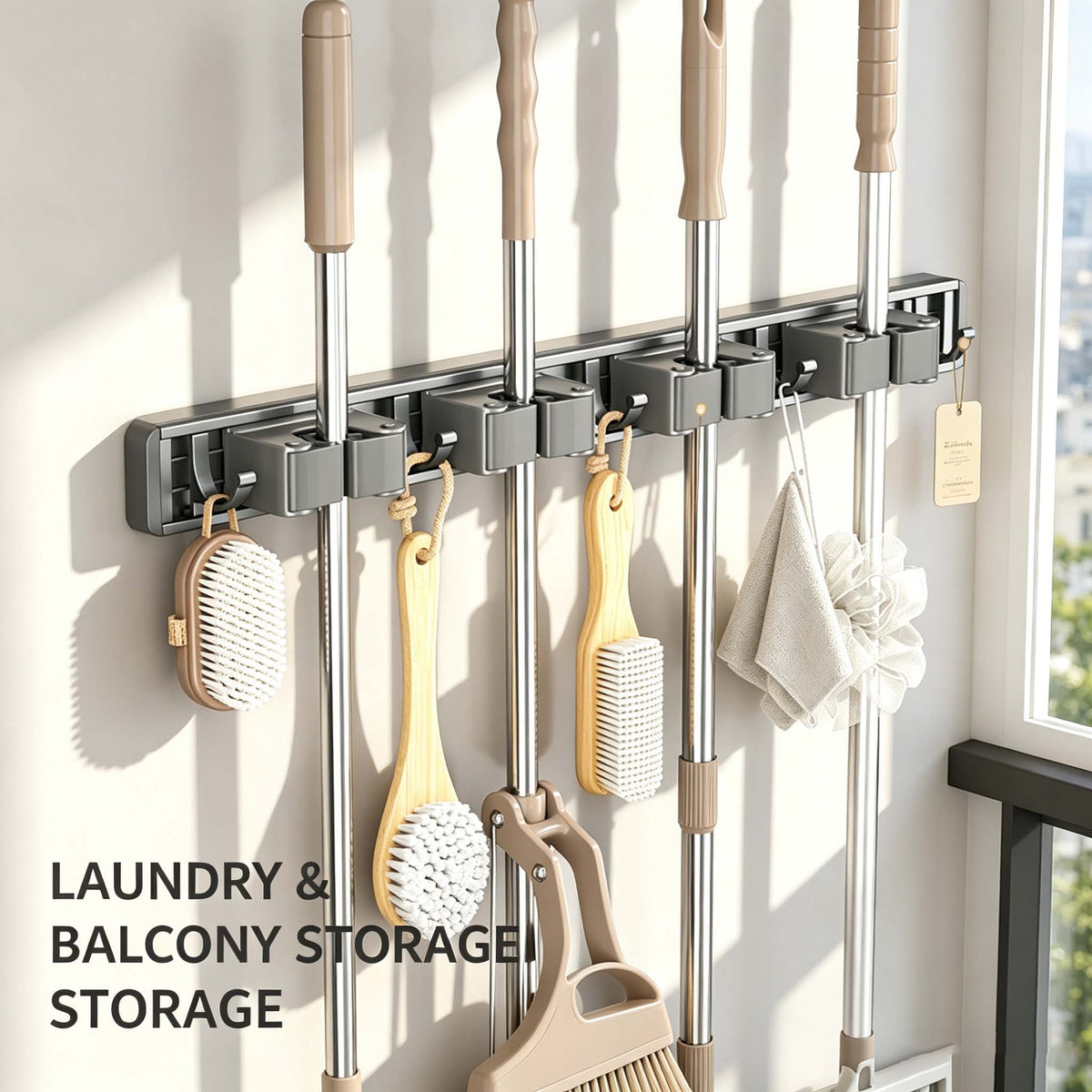 AEELLEEA Wall Mounted Mop and Broom Holder, Gunmetal Gray 4-Slot Cleaning Tool Organizer with 4 Hooks, Drill-Free Wall Mount
