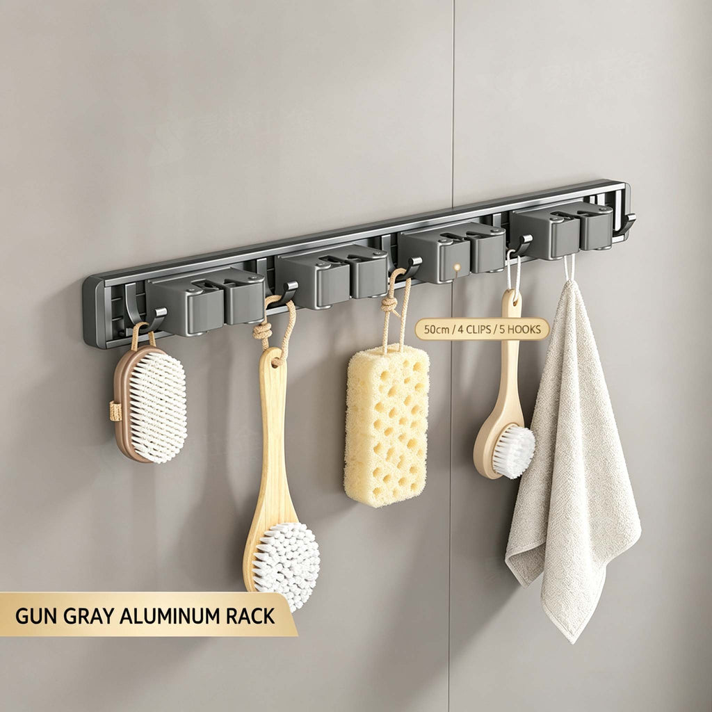 AEELLEEA Wall Mounted Mop and Broom Holder, Gunmetal Gray 4-Slot Cleaning Tool Organizer with 4 Hooks, Drill-Free Wall Mount