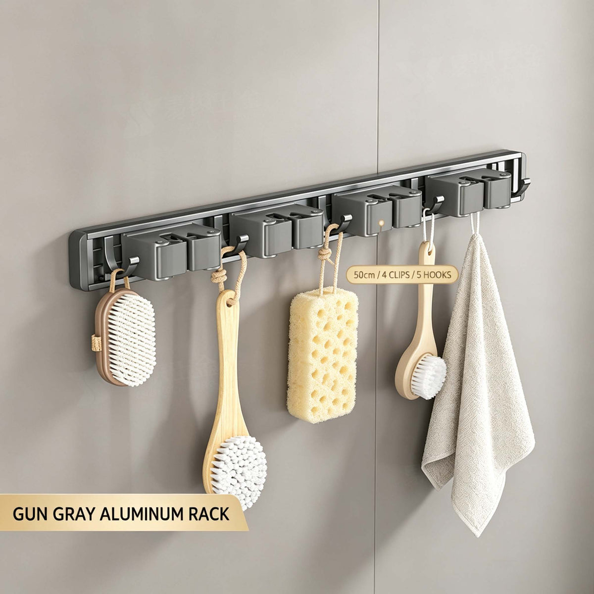 AEELLEEA Wall Mounted Mop and Broom Holder, Gunmetal Gray 4-Slot Cleaning Tool Organizer with 4 Hooks, Drill-Free Wall Mount