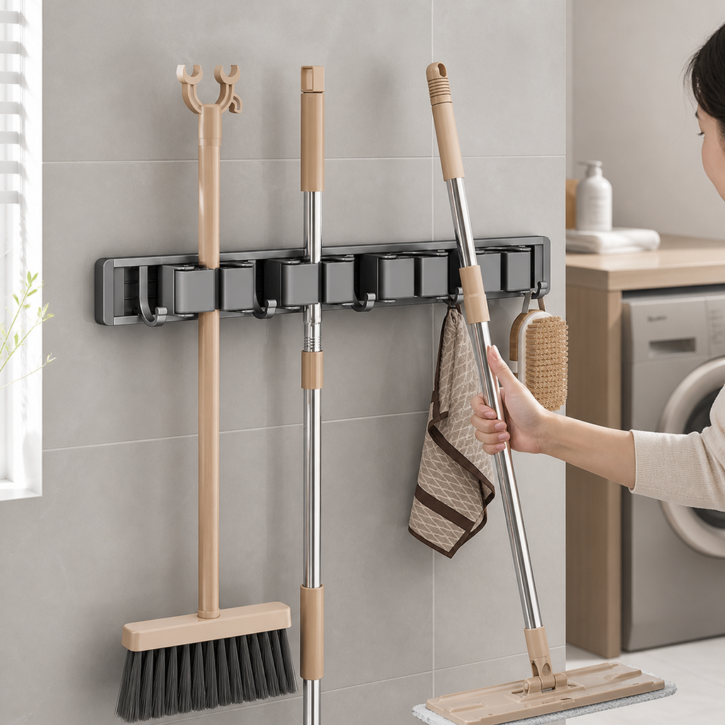 AEELLEEA Wall Mounted Mop and Broom Holder, Gunmetal Gray 4-Slot Cleaning Tool Organizer with 4 Hooks, Drill-Free Wall Mount