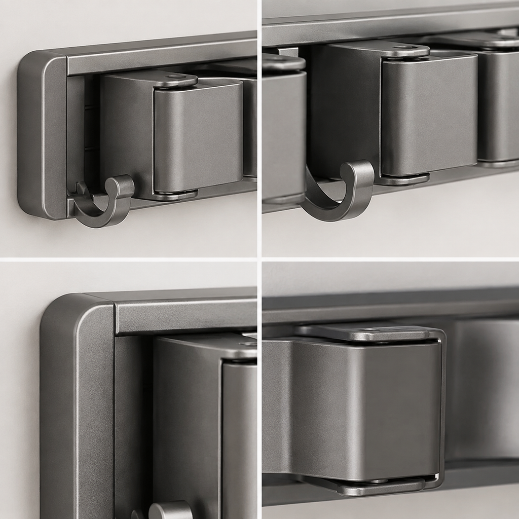 AEELLEEA Wall Mounted Mop and Broom Holder, Gunmetal Gray 4-Slot Cleaning Tool Organizer with 4 Hooks, Drill-Free Wall Mount