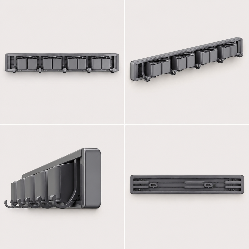 AEELLEEA Wall Mounted Mop and Broom Holder, Gunmetal Gray 4-Slot Cleaning Tool Organizer with 4 Hooks, Drill-Free Wall Mount