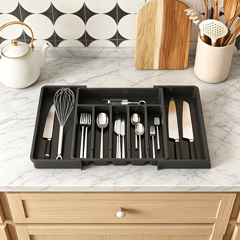AEELLEEA Expandable Silverware Drawer Organizer Tray, Black Adjustable Kitchen Utensil Holder for Flatware, BPA-Free PP