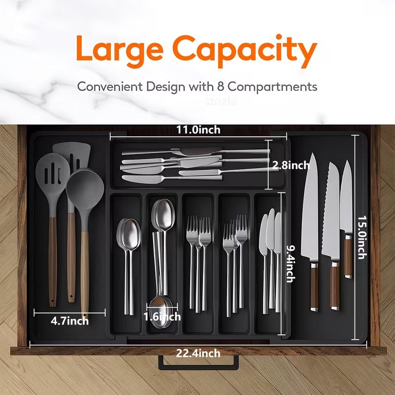 AEELLEEA Expandable Silverware Drawer Organizer Tray, Black Adjustable Kitchen Utensil Holder for Flatware, BPA-Free PP