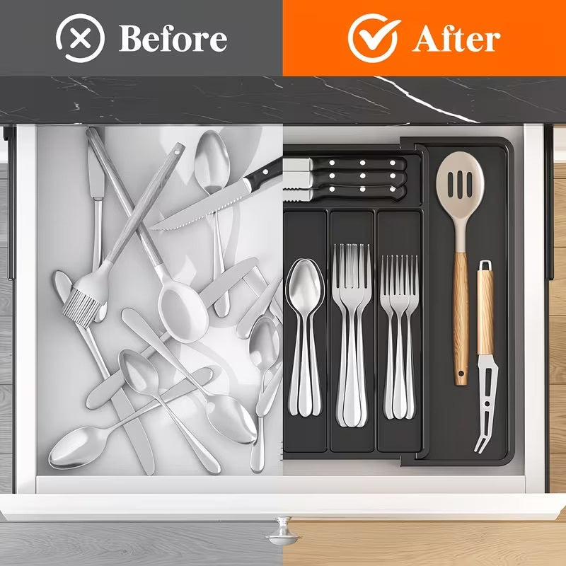 AEELLEEA Expandable Silverware Drawer Organizer Tray, Black Adjustable Kitchen Utensil Holder for Flatware, BPA-Free PP