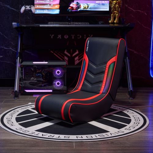 AEELLEEA 28.3in Foldable Floor Rocker Gaming Chair, PU Leather Game Seat, Red Accent Gaming Floor Chair