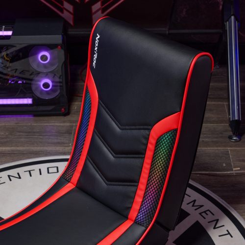 AEELLEEA 28.3in Foldable Floor Rocker Gaming Chair, PU Leather Game Seat, Red Accent Gaming Floor Chair