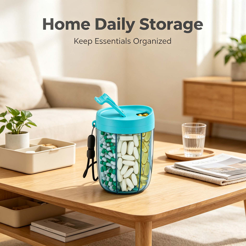 AEELLEEA Rotating 6-Compartment Pill Organizer, Portable Travel Pill Case with Lanyard, Small Pill Box for Purse Pocket