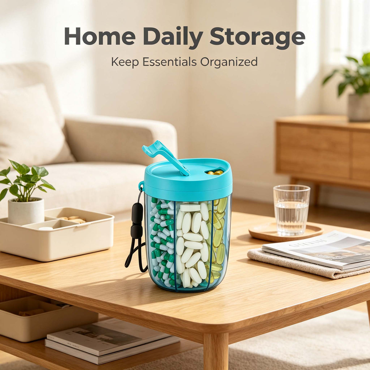 AEELLEEA Rotating 6-Compartment Pill Organizer, Portable Travel Pill Case with Lanyard, Small Pill Box for Purse Pocket