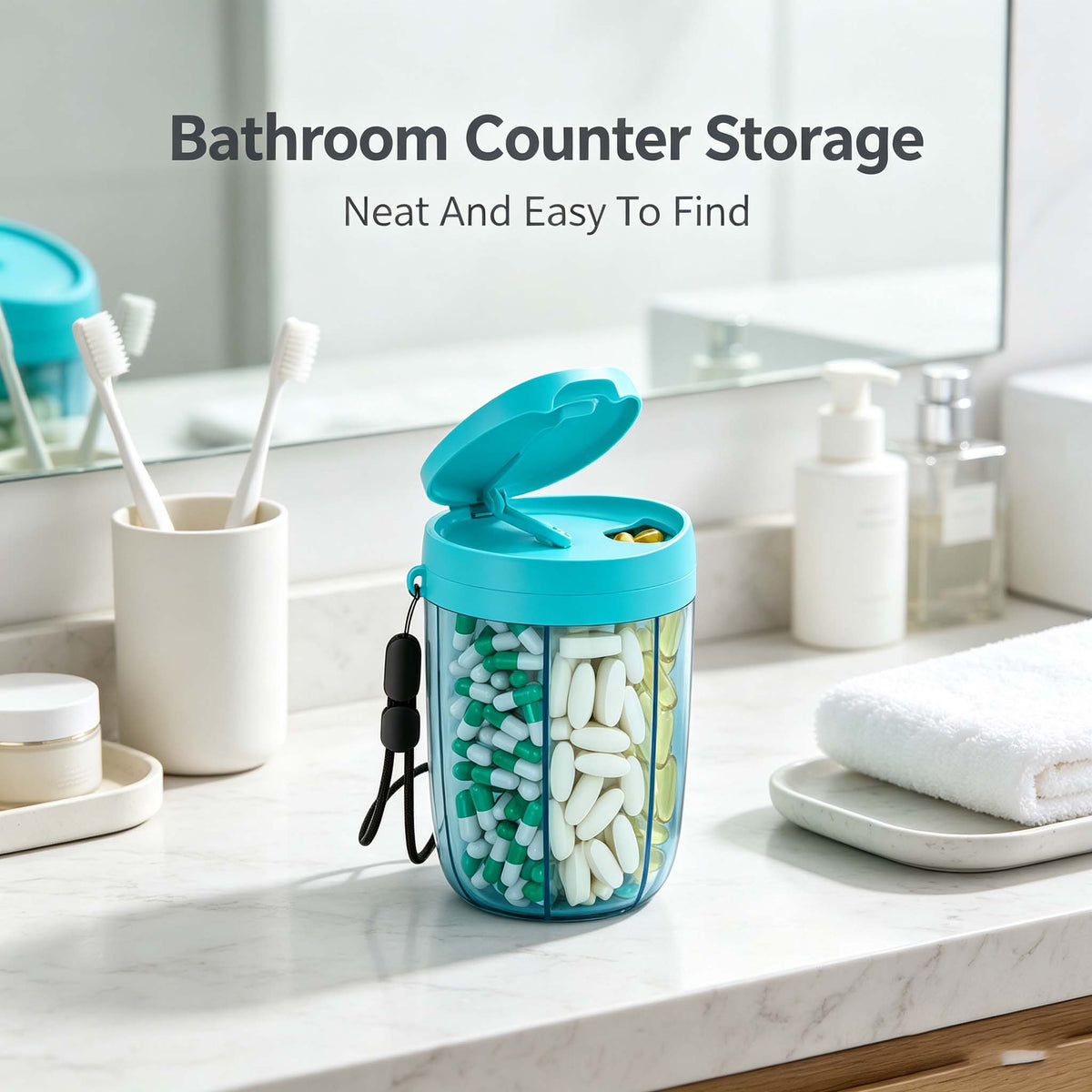 AEELLEEA Rotating 6-Compartment Pill Organizer, Portable Travel Pill Case with Lanyard, Small Pill Box for Purse Pocket