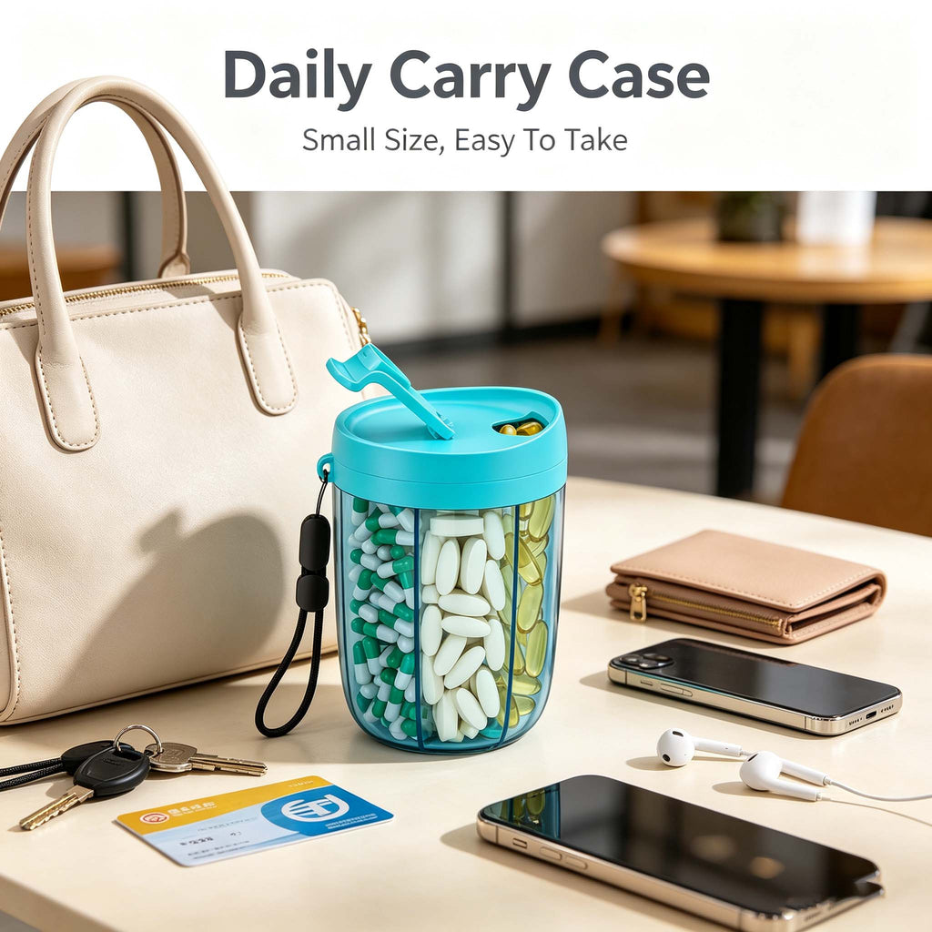 AEELLEEA Rotating 6-Compartment Pill Organizer, Portable Travel Pill Case with Lanyard, Small Pill Box for Purse Pocket