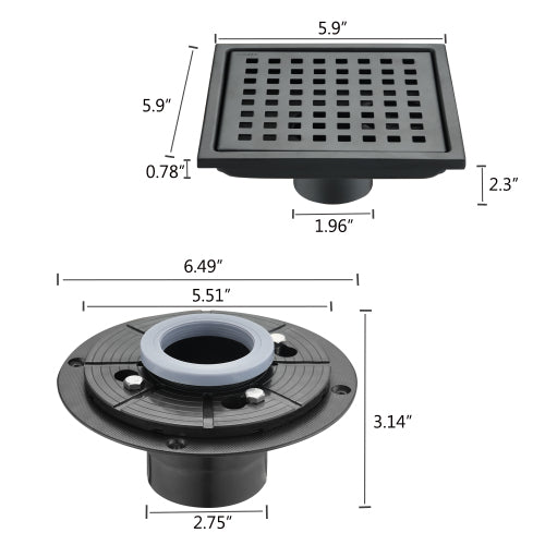 AEELLEEA 5.9 Inch Matte Black Square Shower Drain, 304 Stainless Steel Floor Drain with Removable Grate & Hair Strainer for Bathroom