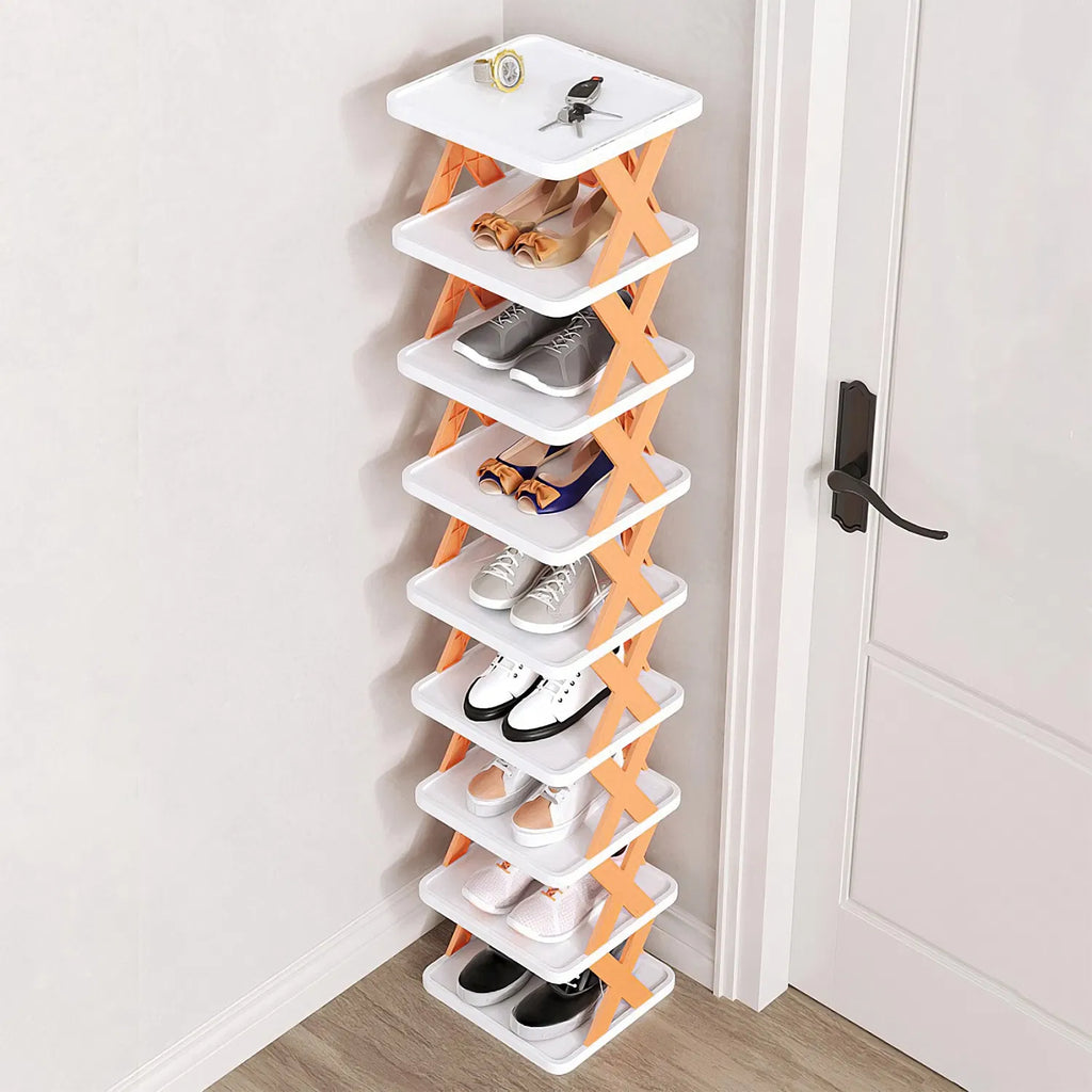 9 Tier Narrow Vertical Shoe Rack, Plastic Free Standing Shoe Organizer, Space Saving Stackable Shoe Storage Shelf for Entryway Hallway Closet