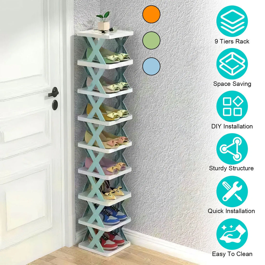 9 Tier Narrow Vertical Shoe Rack, Plastic Free Standing Shoe Organizer, Space Saving Stackable Shoe Storage Shelf for Entryway Hallway Closet