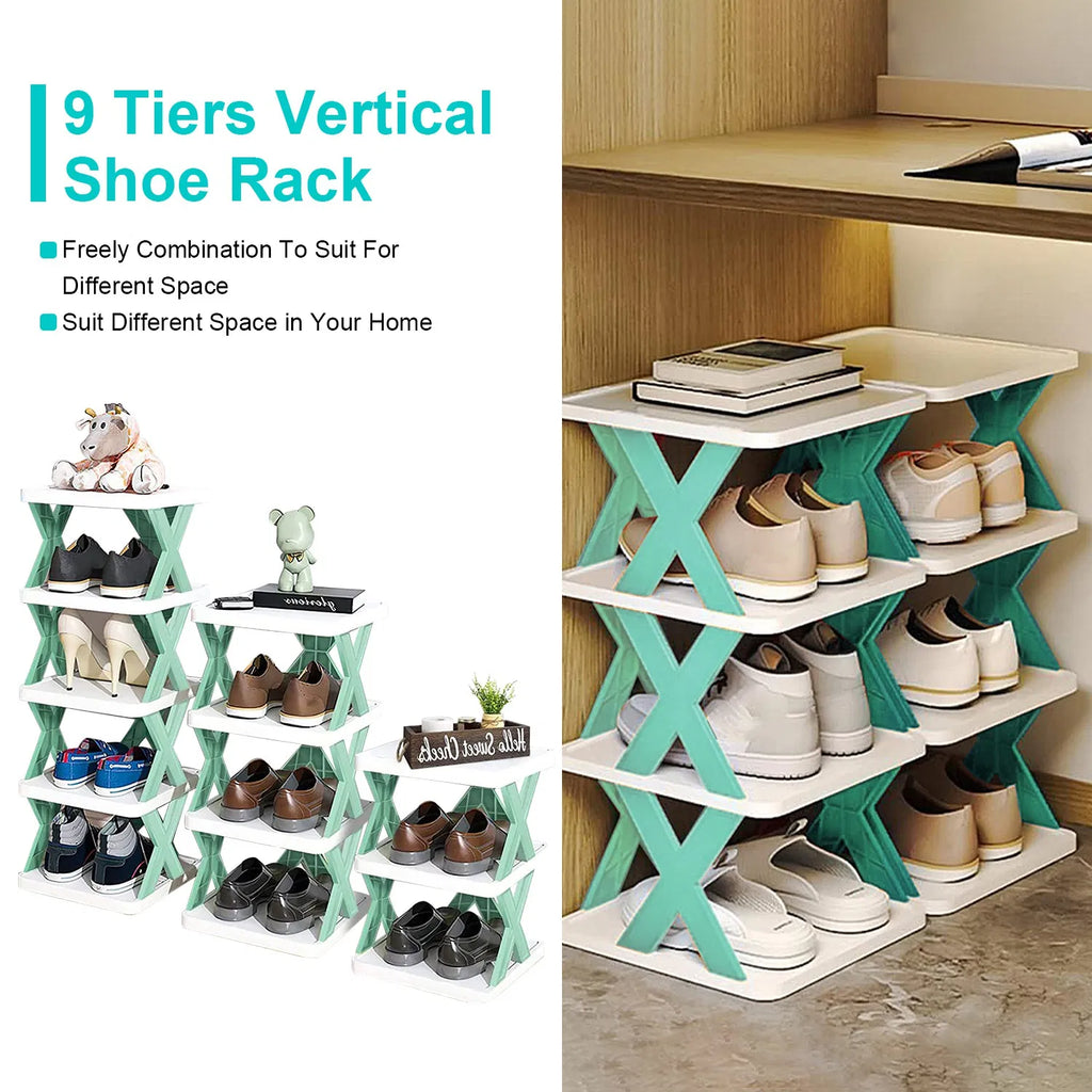 9 Tier Narrow Vertical Shoe Rack, Plastic Free Standing Shoe Organizer, Space Saving Stackable Shoe Storage Shelf for Entryway Hallway Closet