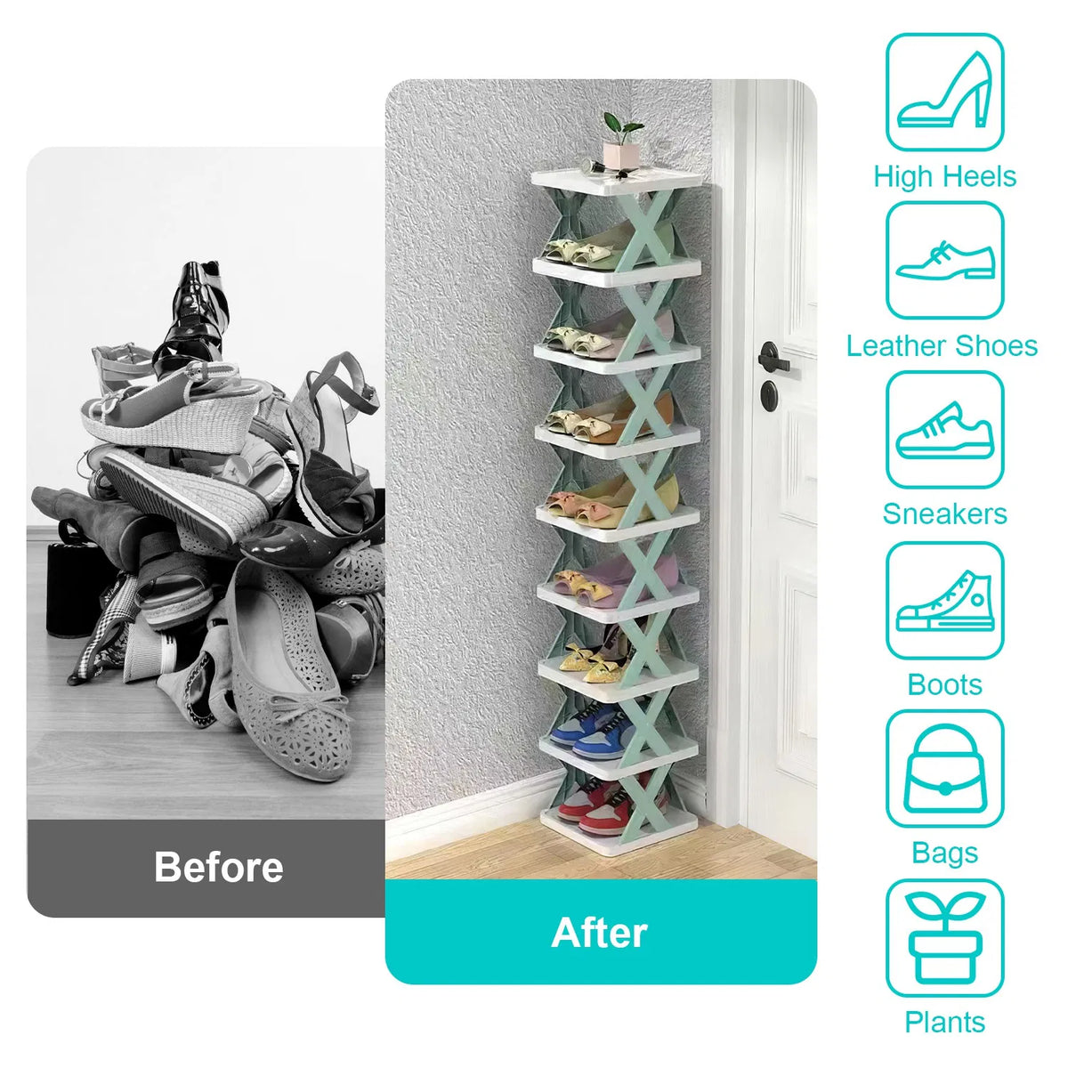 9 Tier Narrow Vertical Shoe Rack, Plastic Free Standing Shoe Organizer, Space Saving Stackable Shoe Storage Shelf for Entryway Hallway Closet