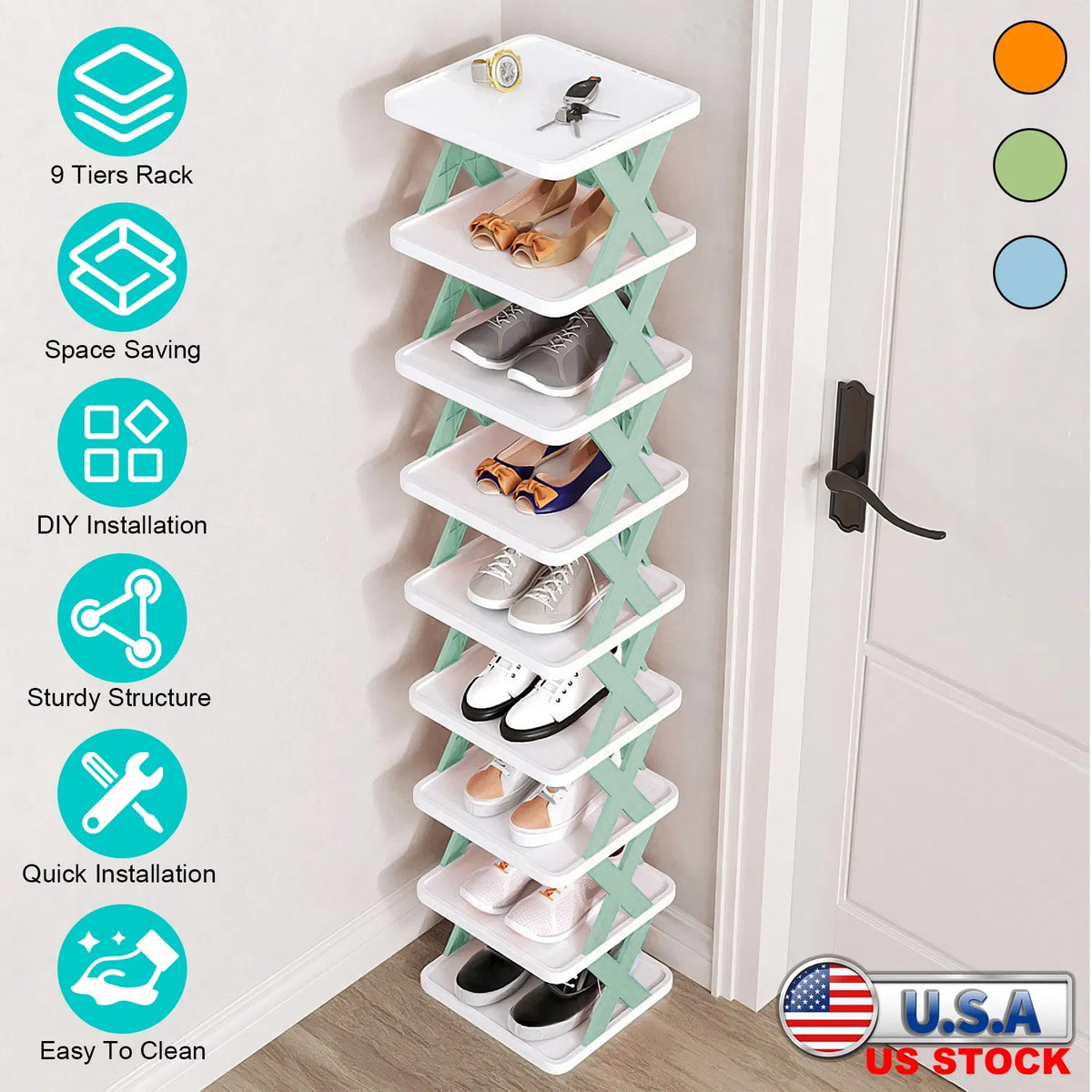 9 Tier Narrow Vertical Shoe Rack, Plastic Free Standing Shoe Organizer, Space Saving Stackable Shoe Storage Shelf for Entryway Hallway Closet
