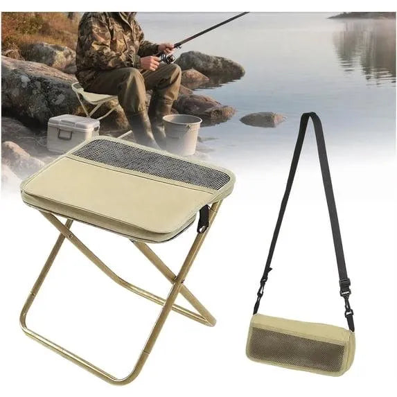 Portable Folding Camping Stool with Shoulder Carry Bag, Oxford Cloth Compact Foldable Outdoor Stool for Fishing Hiking Beach Picnic, Khaki