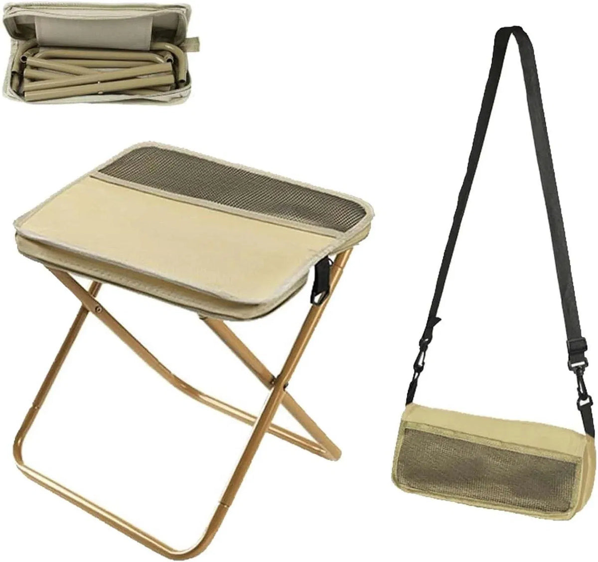 Portable Folding Camping Stool with Shoulder Carry Bag, Oxford Cloth Compact Foldable Outdoor Stool for Fishing Hiking Beach Picnic, Khaki