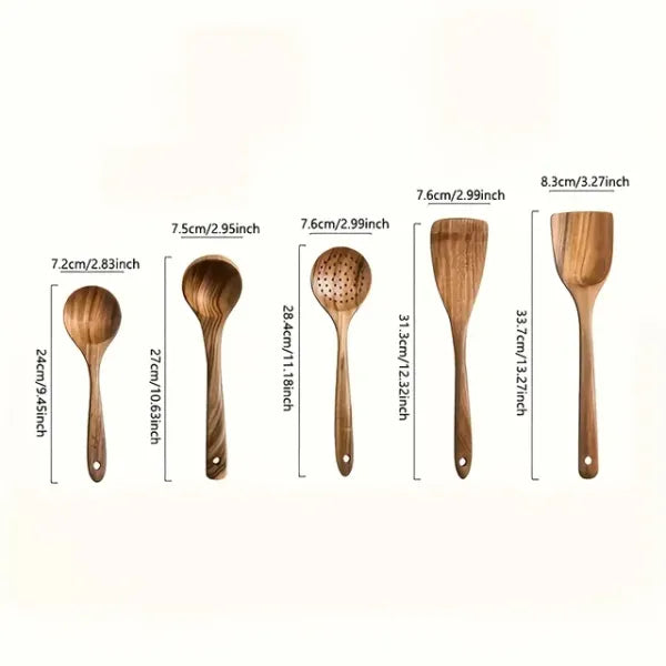 AEELLEEA Natural Wood Cooking Utensils Set 5 Piece, Non-Stick Spatula Spoon Turner Tongs, Eco-Friendly Dishwasher Safe Kitchen Tools