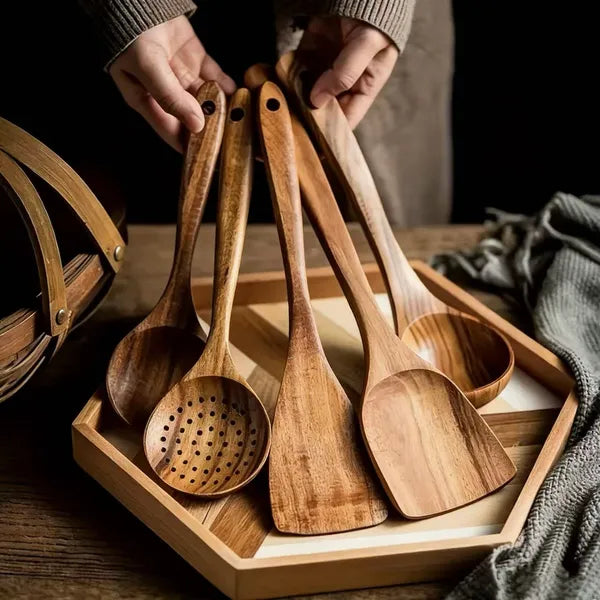 AEELLEEA Natural Wood Cooking Utensils Set 5 Piece, Non-Stick Spatula Spoon Turner Tongs, Eco-Friendly Dishwasher Safe Kitchen Tools