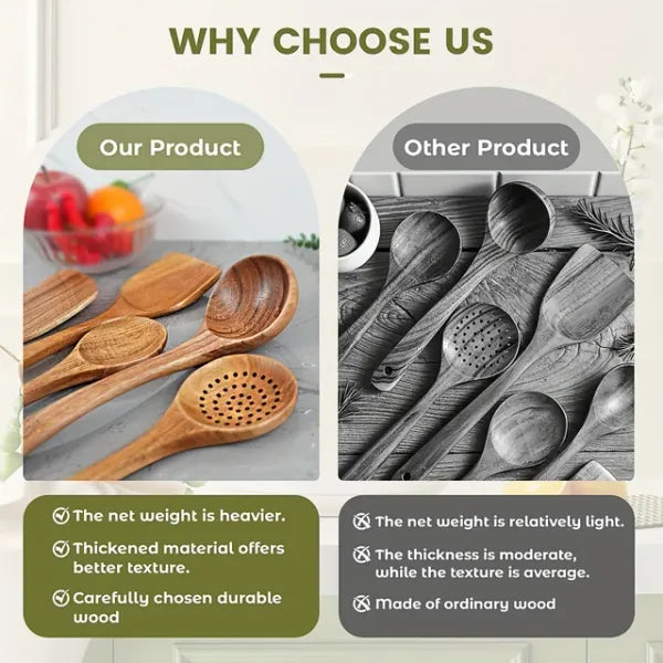 AEELLEEA Natural Wood Cooking Utensils Set 5 Piece, Non-Stick Spatula Spoon Turner Tongs, Eco-Friendly Dishwasher Safe Kitchen Tools