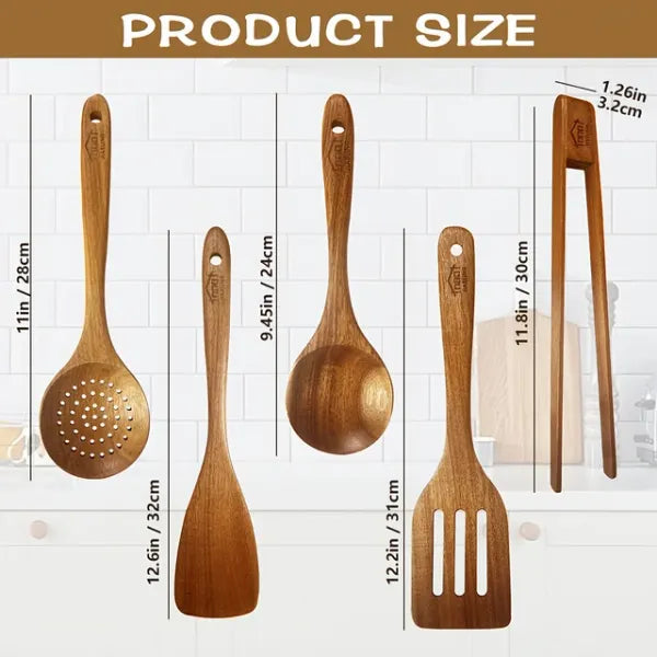 AEELLEEA Natural Wood Cooking Utensils Set 5 Piece, Non-Stick Spatula Spoon Turner Tongs, Eco-Friendly Dishwasher Safe Kitchen Tools
