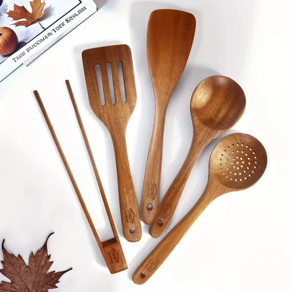 AEELLEEA Natural Wood Cooking Utensils Set 5 Piece, Non-Stick Spatula Spoon Turner Tongs, Eco-Friendly Dishwasher Safe Kitchen Tools
