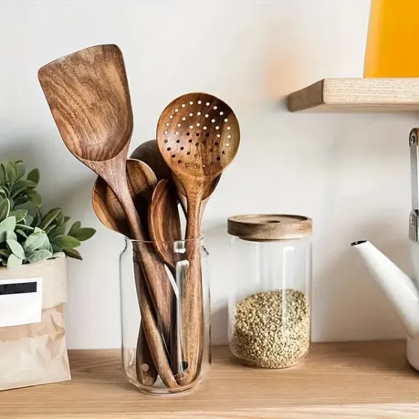 AEELLEEA Natural Wood Cooking Utensils Set 5 Piece, Non-Stick Spatula Spoon Turner Tongs, Eco-Friendly Dishwasher Safe Kitchen Tools