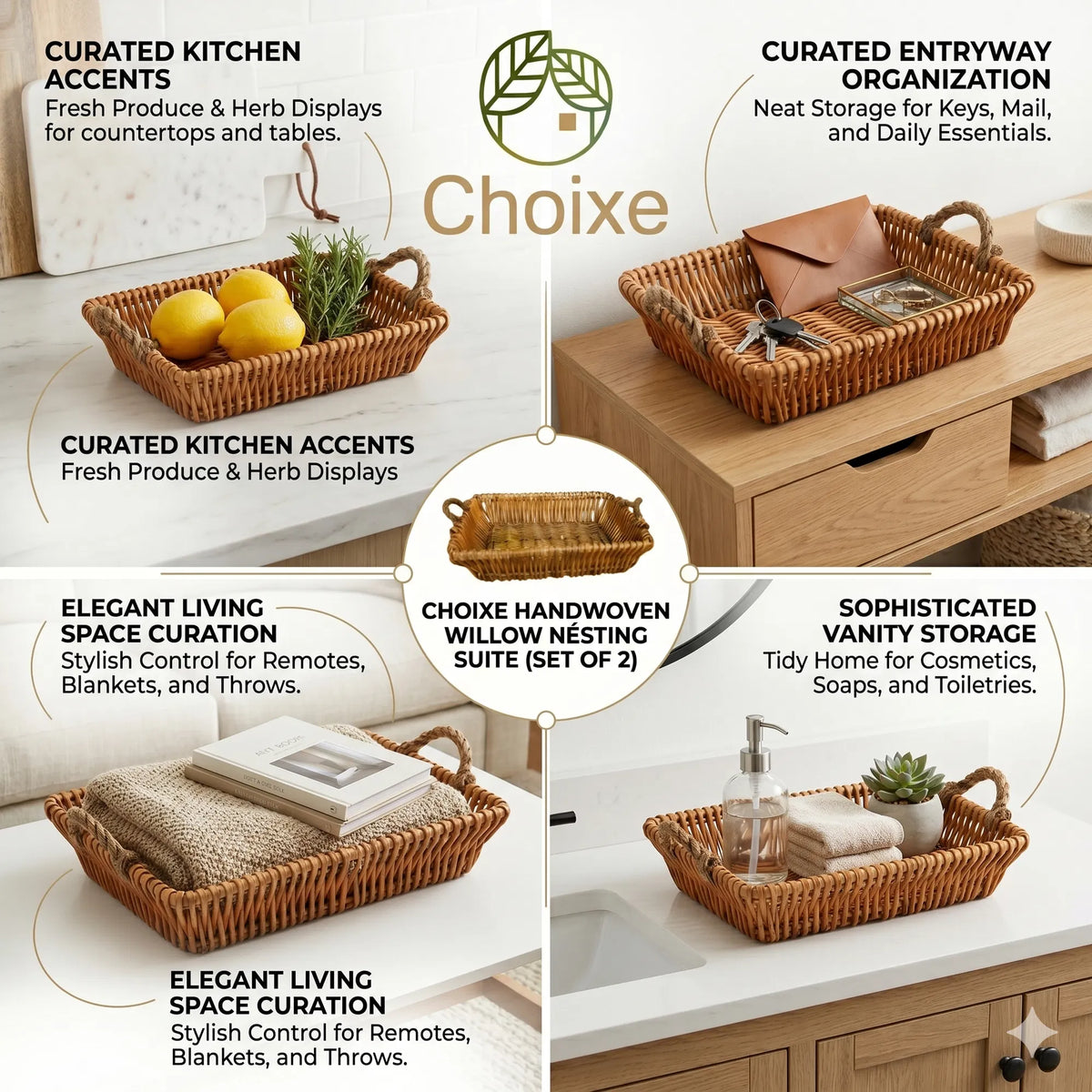 AEELLEEA Willow Baskets Set of 2, Handwoven Nesting Storage Baskets with Handles for Bread Fruit, Farmhouse Kitchen Counter Organizer