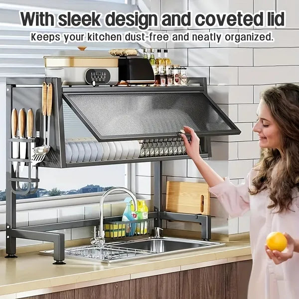 AEELLEEA Over Sink Dish Drying Rack, Adjustable Carbon Steel Kitchen Storage Rack with Utensil, Knife & Cutting Board Holder, Black