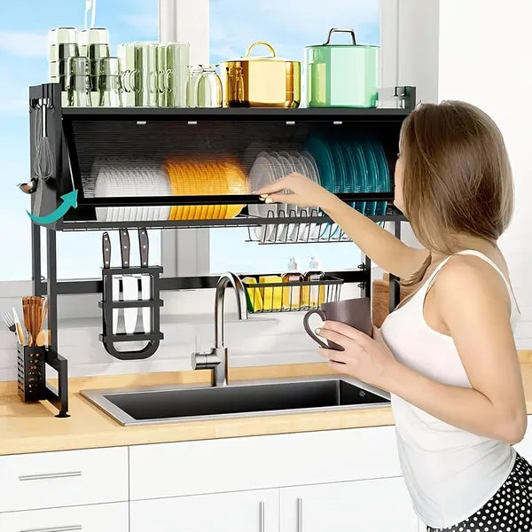 AEELLEEA Over Sink Dish Drying Rack, Adjustable Carbon Steel Kitchen Storage Rack with Utensil, Knife & Cutting Board Holder, Black