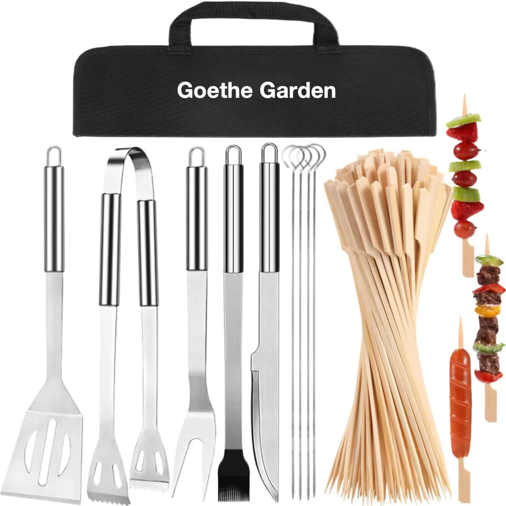 AEELLEEA 9 Piece BBQ Grill Tool Set, Stainless Steel Grilling Accessories with Spatula, Fork, Tongs, Knife, Brush, Skewers & Ba
