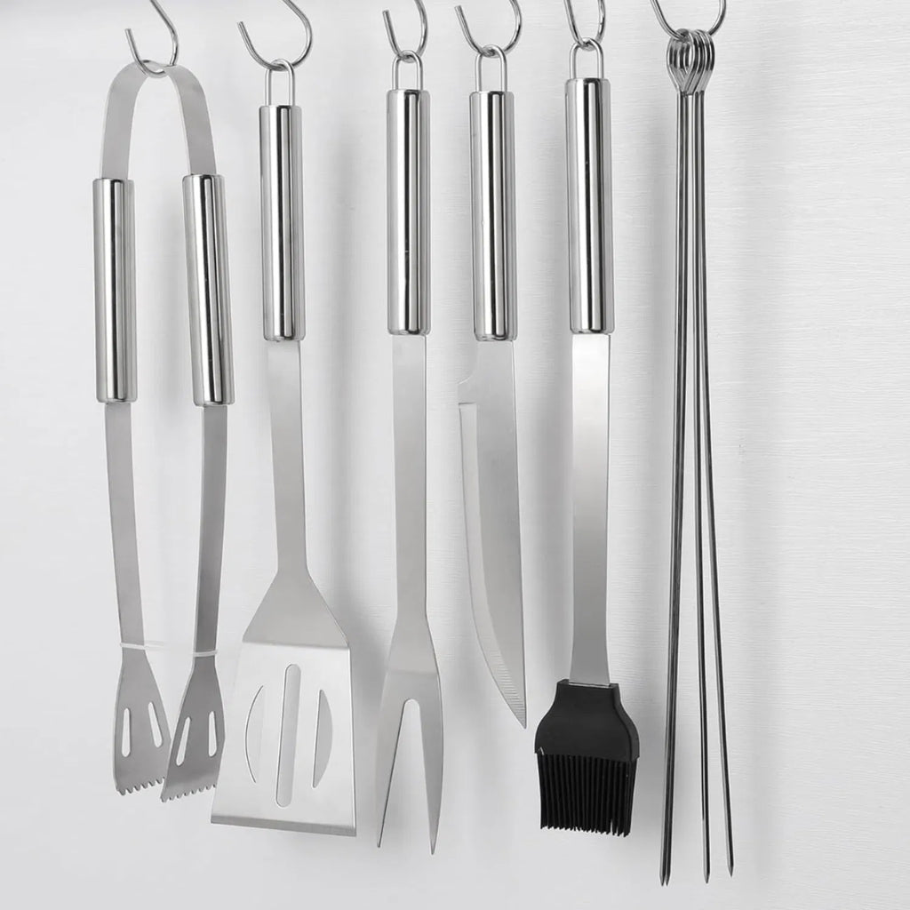 AEELLEEA 9 Piece BBQ Grill Tool Set, Stainless Steel Grilling Accessories with Spatula, Fork, Tongs, Knife, Brush, Skewers & Ba
