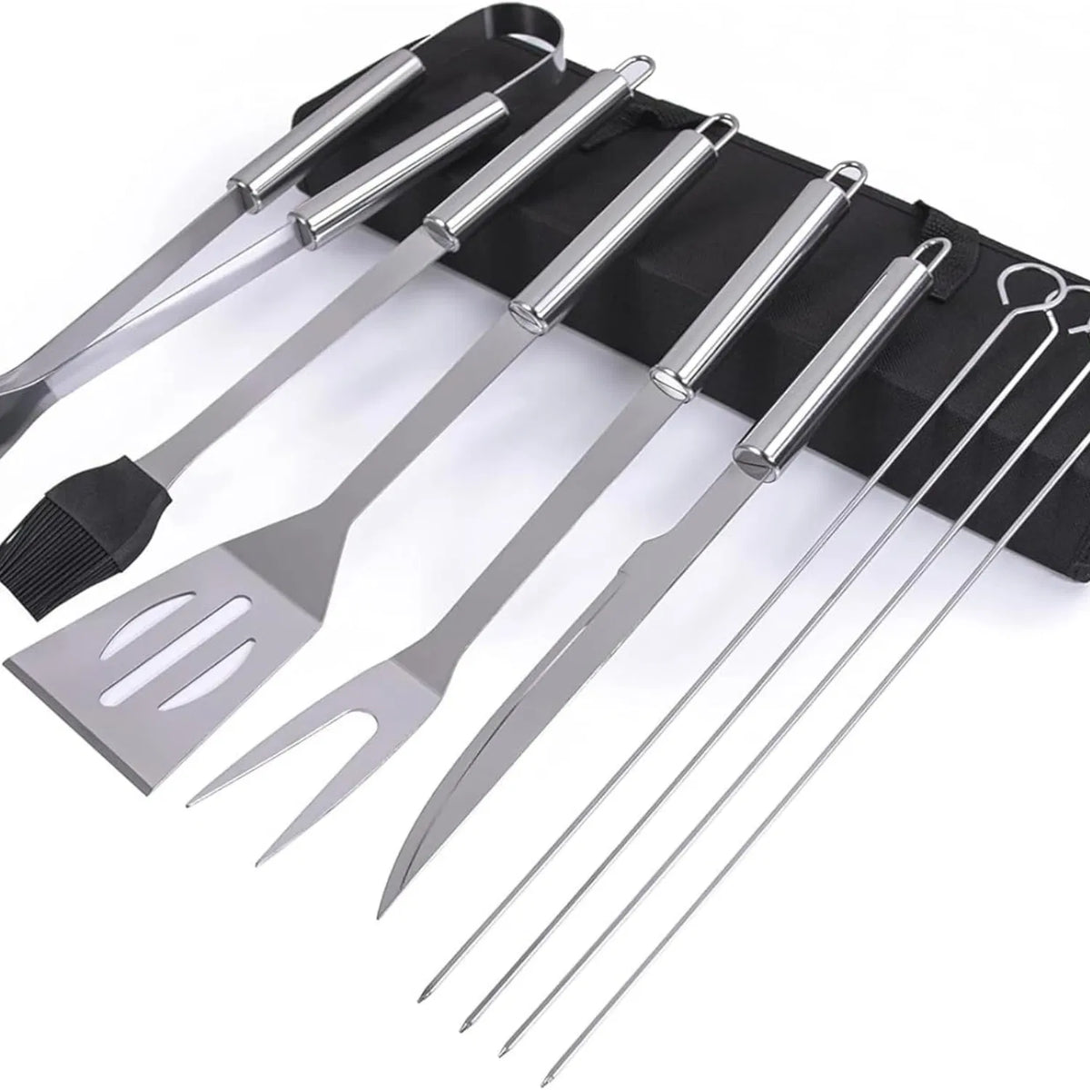 AEELLEEA 9 Piece BBQ Grill Tool Set, Stainless Steel Grilling Accessories with Spatula, Fork, Tongs, Knife, Brush, Skewers & Ba